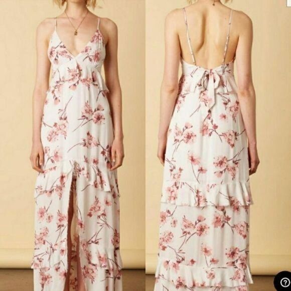 Cotton Candy Boho Romantic Feminine Floral Raw Hem High Slit Maxi Dress Sz M - Picture 2 of 16